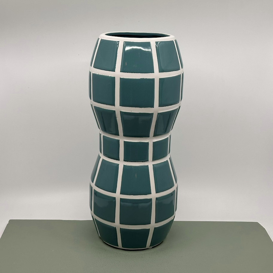 Vase Steingut Karo blau